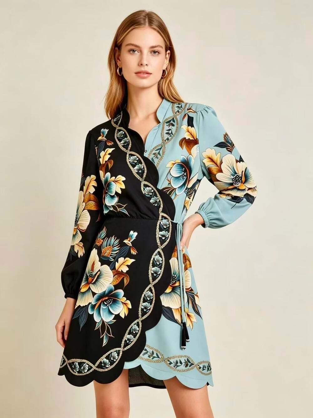 NWOT Farm Rio Two‑Tone Floral Print Wrap Mini Dress Scalloped Hem Tassel Size M